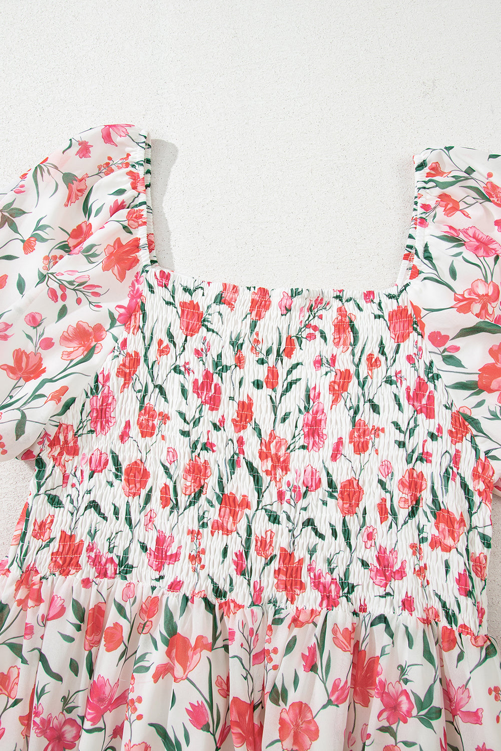 Pink Floral Puff Sleeve Square Neck Empire Waist Tiered Maxi Dress Floral Dresses JT's Designer Fashion