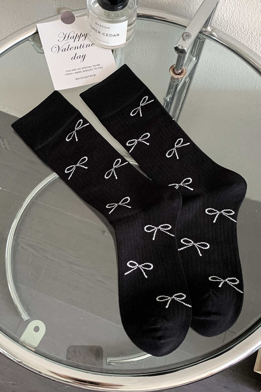 Black Bow Knot Print Ribbed Crew Socks Socks JT's Designer Fashion