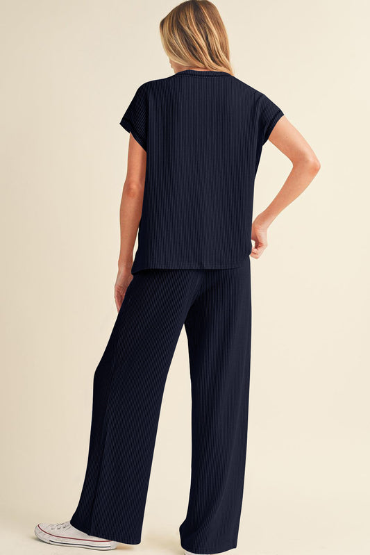 Navy Blue Solid Color Corded Short Sleeve Top and Casual Pants Set Pant Sets JT's Designer Fashion