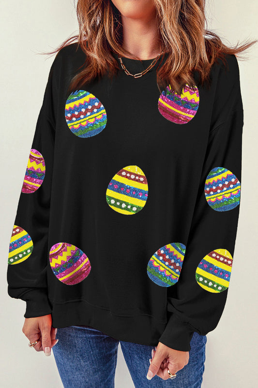 Black Eater Egg Sequin Patched Crew Neck Sweatshirt Graphic Sweatshirts JT's Designer Fashion