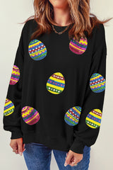 Black Eater Egg Sequin Patched Crew Neck Sweatshirt Graphic Sweatshirts JT's Designer Fashion
