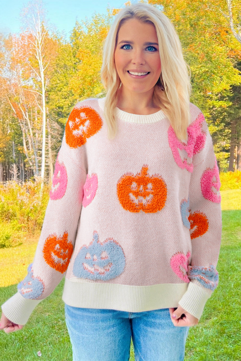 Beige Halloween Cute Pumpkin Pattern Sweater Sweaters JT's Designer Fashion
