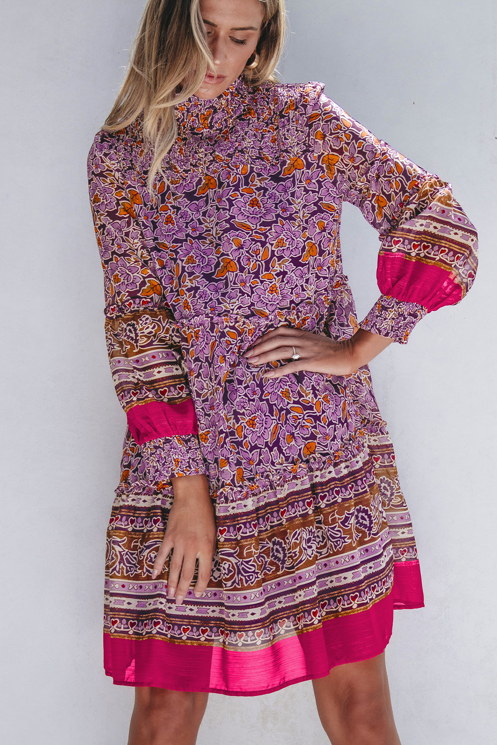 Purple Floral Smocked Puff Sleeve High Neck Mini Dress Floral Dresses JT's Designer Fashion