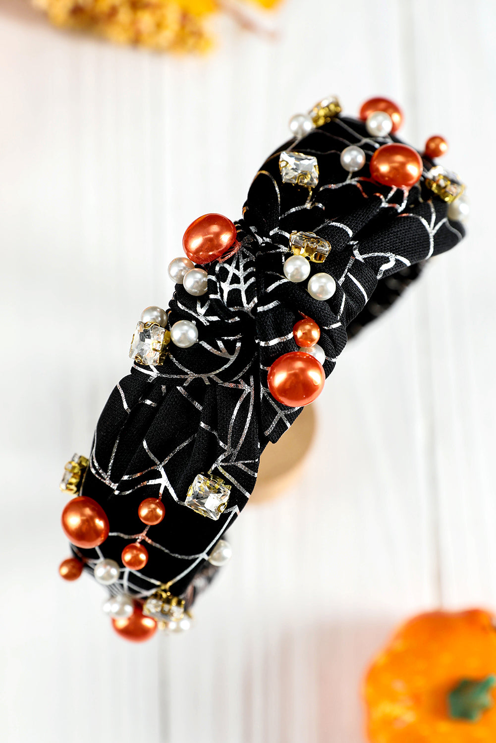 Black Pearled Rhinestone Knotted Spiderweb Halloween Headband Headwear JT's Designer Fashion