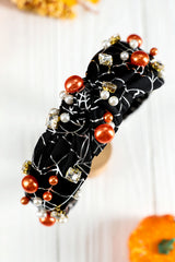 Black Pearled Rhinestone Knotted Spiderweb Halloween Headband Headwear JT's Designer Fashion