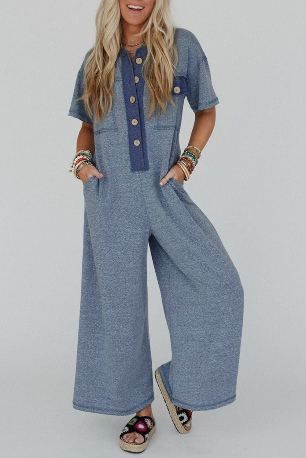 Beau Blue Half Placket Chest Pockets Short Sleeve Wide Leg Jumpsuit Beau Blue 65%Cotton+33%Polyester+2%Elastane Jumpsuits & Rompers JT's Designer Fashion