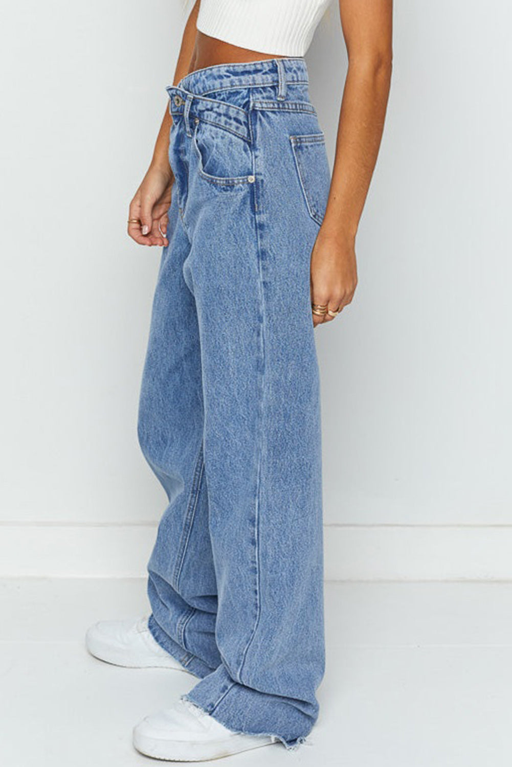 Blue Mid Rise Asymmetrical Waist Wide Leg Jeans Jeans JT's Designer Fashion