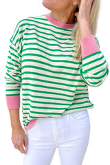 Bright Green Striped Contrast Edge Long Sleeve Top Long Sleeve Tops JT's Designer Fashion
