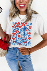White Floral Western Boots Printed Cotton Blend T Shirt Graphic Tees JT's Designer Fashion