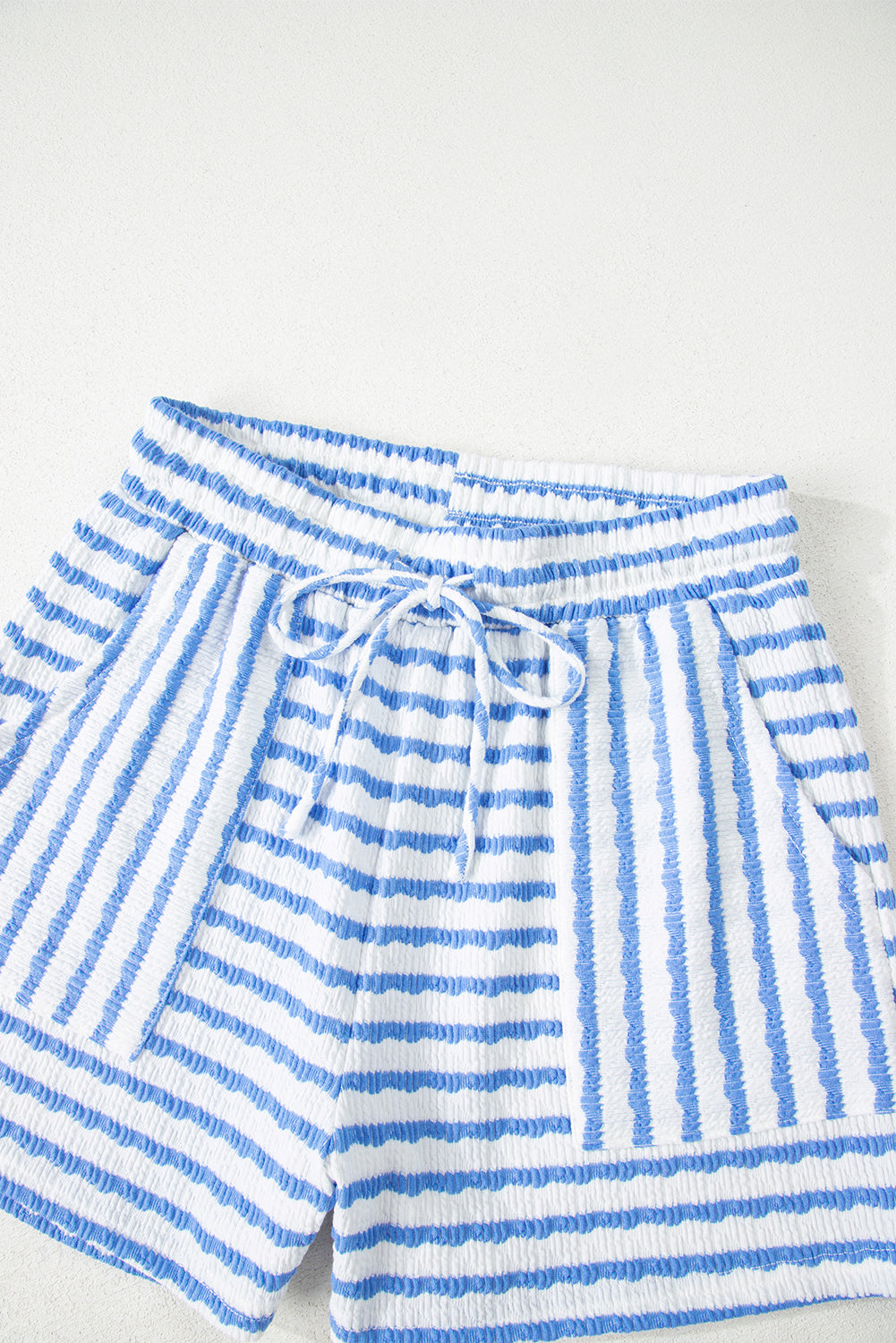 Sky Blue Stripe Knitted Short Sleeve Top and Drawstring Shorts Set Short Sets JT's Designer Fashion