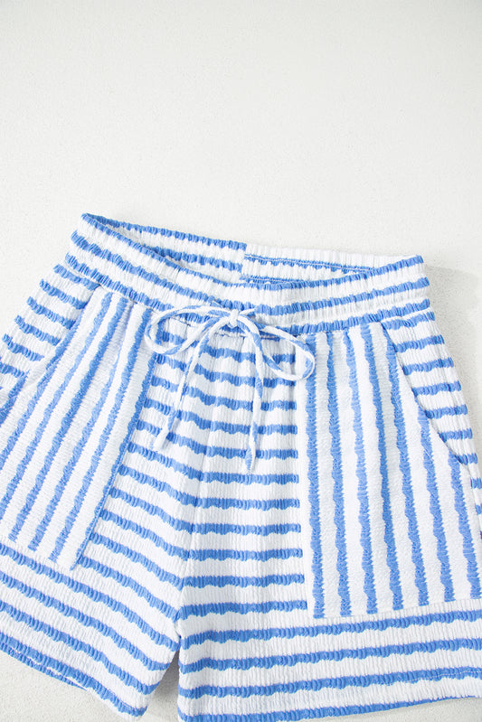 Sky Blue Stripe Knitted Short Sleeve Top and Drawstring Shorts Set Short Sets JT's Designer Fashion