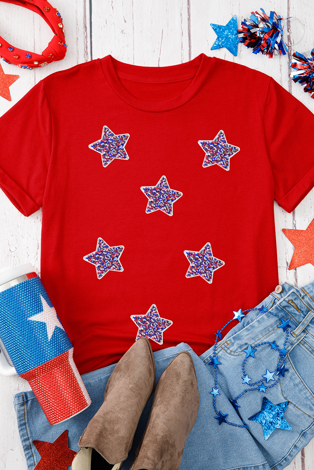 Red July 4th Fashion Sequin Star Graphic T Shirt Graphic Tees JT's Designer Fashion