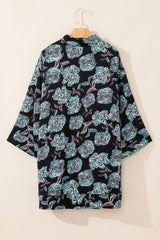 Black Floral Print Lapel Collar Loose Shirt Mini Dress Floral Dresses JT's Designer Fashion