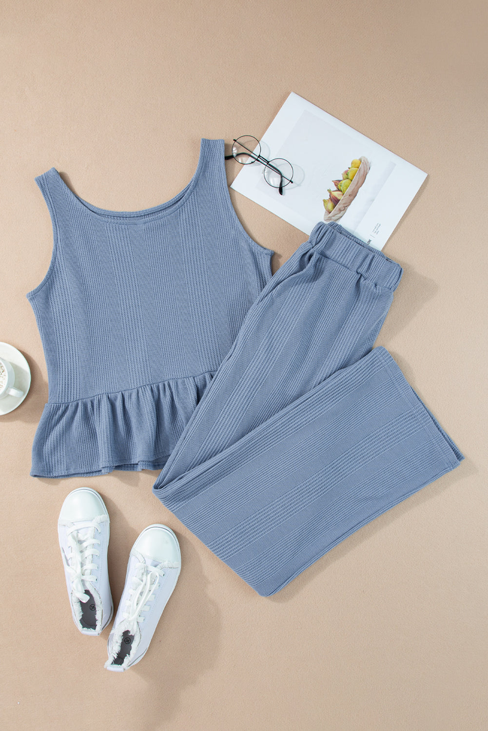 Beau Blue Solid Color Ribbed Ruffle Tank Top and Pants Set Pant Sets JT's Designer Fashion