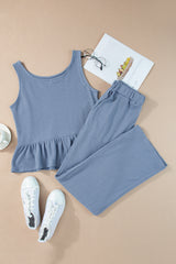 Beau Blue Solid Color Ribbed Ruffle Tank Top and Pants Set Pant Sets JT's Designer Fashion