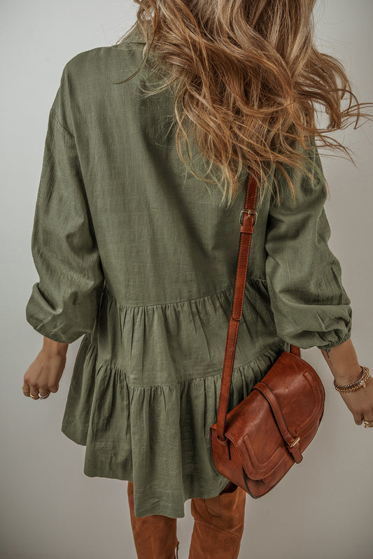Jungle Green Puff Sleeve Buttoned Tiered Pleated Shirt Mini Dress Mini Dresses JT's Designer Fashion