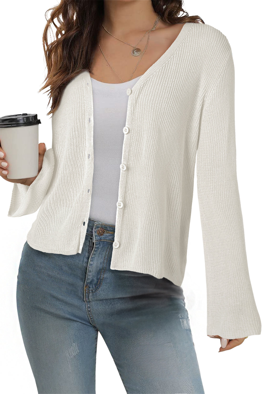 White Lightweight V Neck Button Front Bell Sleeve Cardigan Sweater Cardigans JT's Designer Fashion