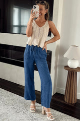 Sail Blue Mineral Wash Drawstring Elastic Waistband Loose Straight Denim Pants Jeans JT's Designer Fashion