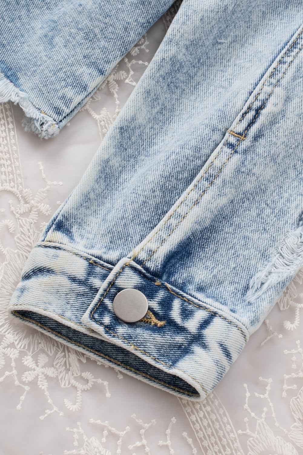 Sky Blue Lapel Distressed Raw Hem Buttons Denim Jacket Denim Jackets JT's Designer Fashion