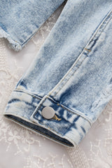 Sky Blue Lapel Distressed Raw Hem Buttons Denim Jacket Denim Jackets JT's Designer Fashion