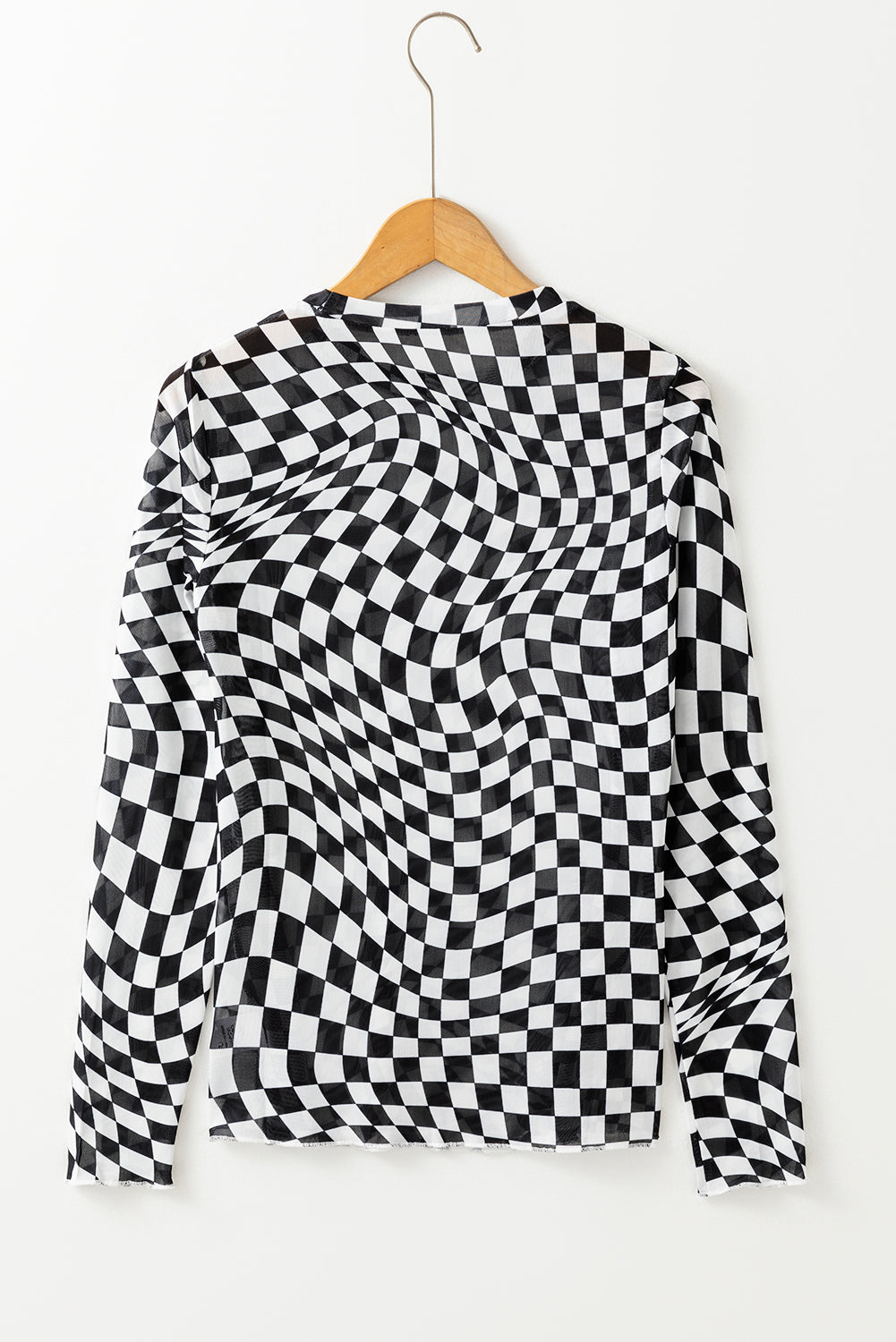 Black Checkered Pattern Mesh Mock Neck Long Sleeve Top Long Sleeve Tops JT's Designer Fashion