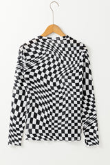 Black Checkered Pattern Mesh Mock Neck Long Sleeve Top Long Sleeve Tops JT's Designer Fashion