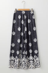 Black Bohemian Printed Drawstring Waist Wide Leg Pants Pants & Culotte JT's Designer Fashion