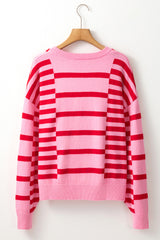 Pink Stripe Bubble Sleeve Drop Shoulder Ribbed Trim Sweater Sweaters JT's Designer Fashion