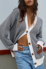 Black Stripe Buttoned Front V Neck Herringbone Cardigan Cardigans JT's Designer Fashion