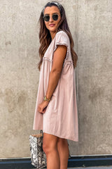 Oatmeal Frilled Trim Crew Neck Loose Fit Mini Dress Mini Dresses JT's Designer Fashion
