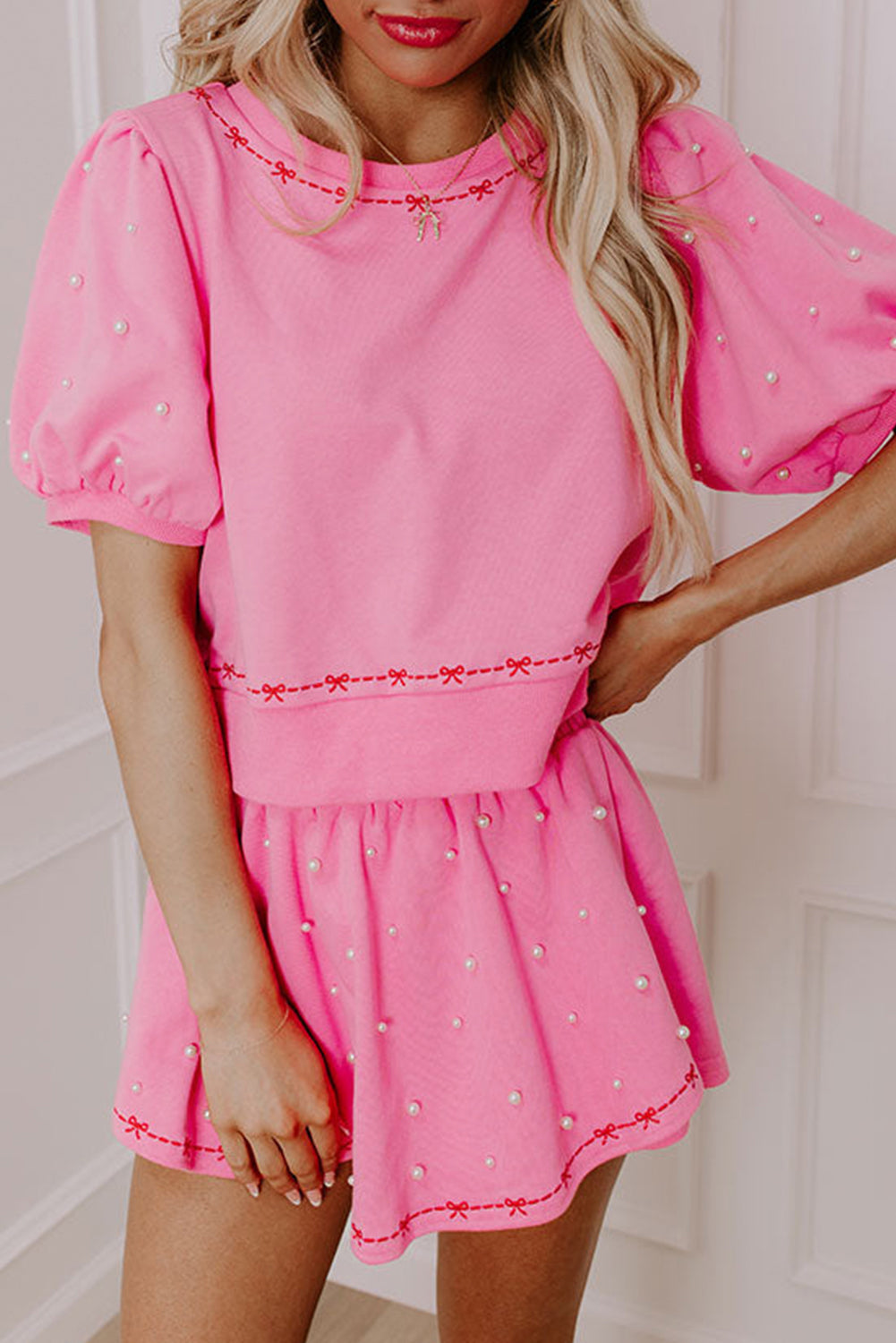 Pink Contrast Bow Trim Pearl Puff Sleeve Blouse and Skort 2pcs Set Short Sets JT's Designer Fashion