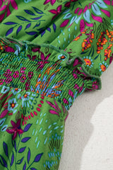 Green Floral Tie Split Neck Frilly Ruffle Trim Tiered Short Dress Floral Dresses JT's Designer Fashion