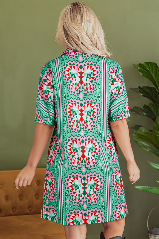 Mint Green Geometric Butterfly Print Split Neck Short Sleeve Dress Mini Dresses JT's Designer Fashion