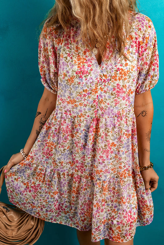 Red Floral Puff Sleeve Notched V Neck Tiered Mini Dress Red 100%Polyester Floral Dresses JT's Designer Fashion