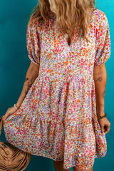 Red Floral Puff Sleeve Notched V Neck Tiered Mini Dress Red 100%Polyester Floral Dresses JT's Designer Fashion