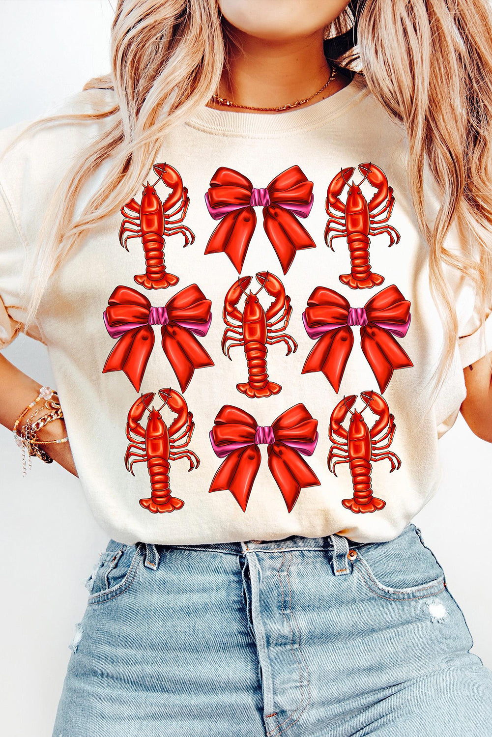 White Crawfish Bow Printed Casual T Shirt Graphic Tees JT's Designer Fashion