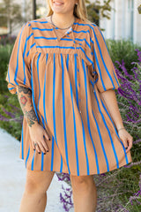 Khaki Stripe Contrast Striped Print 3/4 Sleeve Babydoll Plus Size Dress Plus Size Mini Dresses JT's Designer Fashion