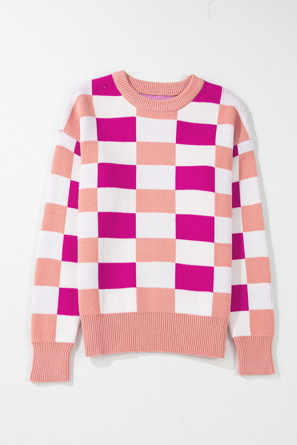 Pink Checkered Ribbed Edge O Neck Drop Shoulder Sweater Sweaters JT's Designer Fashion