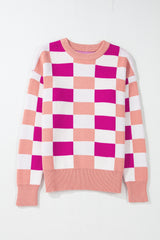 Pink Checkered Ribbed Edge O Neck Drop Shoulder Sweater Sweaters JT's Designer Fashion