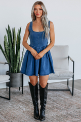 Sail Blue Square Neck Bowknot A-line Sleeveless Denim Dress JT's Designer Fashion