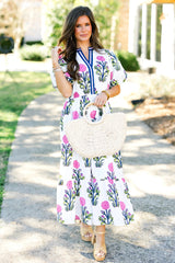 White Floral Puff Short Sleeve V Neck High Waist Maxi Dress Floral Dresses JT's Designer Fashion