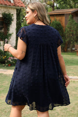 Navy Blue Dotty Textured Notched Neck Plus Ruffled Dress Plus Size Mini Dresses JT's Designer Fashion