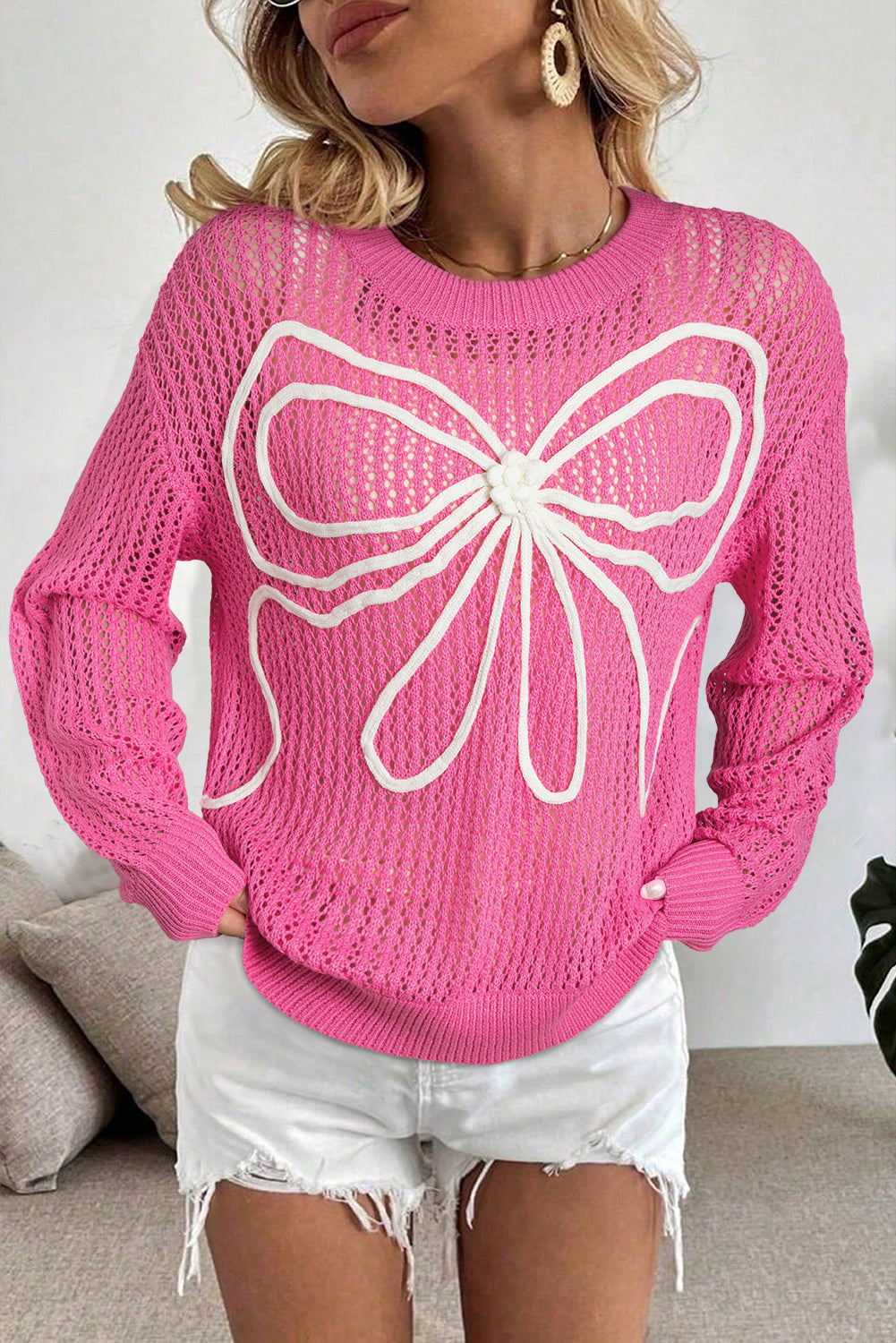 Sachet Pink Sweet Bow Decor Hollow Out Knitted Drop Shoulder Sweater Sachet Pink 100%Acrylic Sweaters JT's Designer Fashion