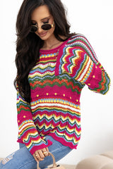 Rose Red Colorblock Striped Hollowed Knit Loose Sleeve Sweater Sweaters JT's Designer Fashion