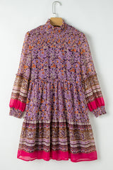 Purple Floral Smocked Puff Sleeve High Neck Mini Dress Floral Dresses JT's Designer Fashion