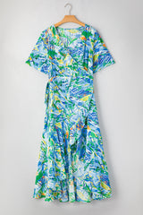 Green Leaves Print Short Sleeve Surplice Neck Ruffled Trim Plus Size Maxi Dress Plus Size Maxi Dresses JT's Designer Fashion