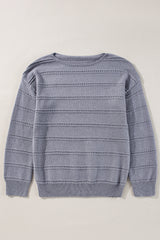Light Grey Boat Neck Drop Shoulder Pointelle Knit Sweater Sweaters JT's Designer Fashion