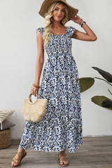 Sky Blue Boho Print Smocked High Waist Long Dress Maxi Dresses JT's Designer Fashion