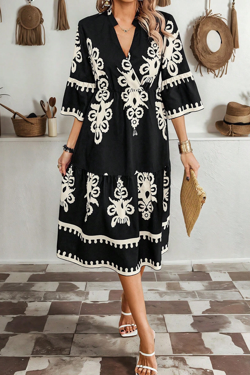 Black Western Geometric Print 3/4 Sleeve Loose Midi Dress Midi Dresses JT's Designer Fashion