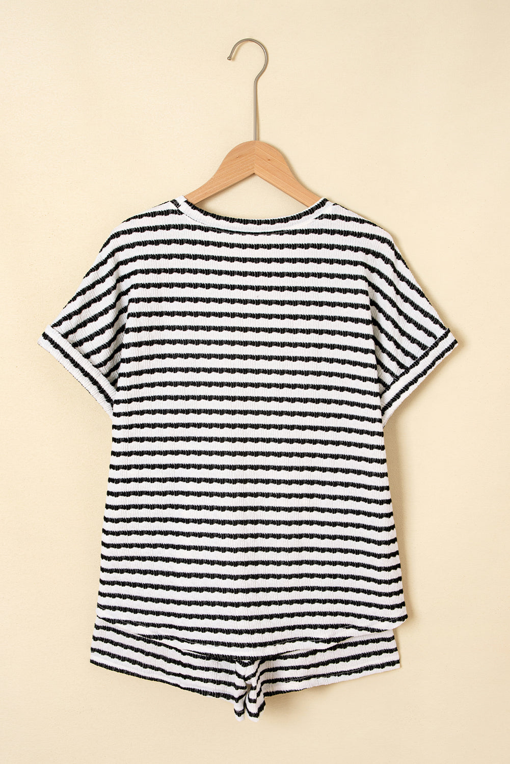 Black Stripe Knitted Short Sleeve Top and Drawstring Shorts Set Short Sets JT's Designer Fashion